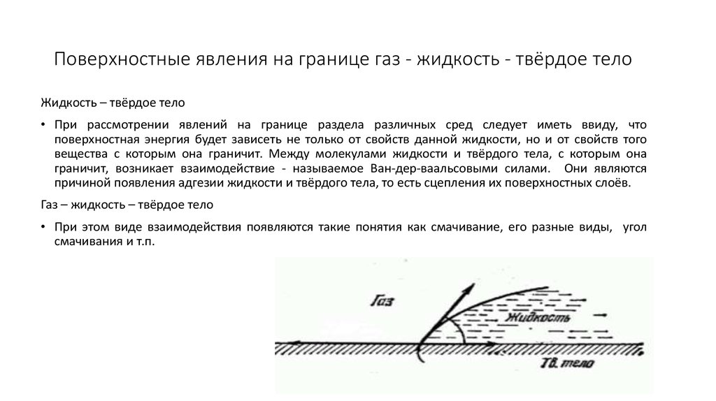 Поверхностные явления на границе газ - жидкость - твёрдое тело