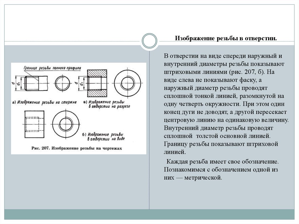 Какая линия имеет. Типы резьбы. Изображение резьбы на стержне и в отверстии.. Линия диаметра внутреннего резьбы в отверстии. Изображение резьбы на виде слева. Внешняя резьба на виде слева.