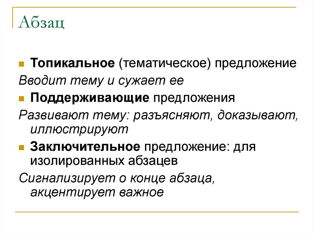 Абзац. Виды абзацев. Строение абзаца. Виды абзацев в тексте. Тематическое предложение в абзаце.