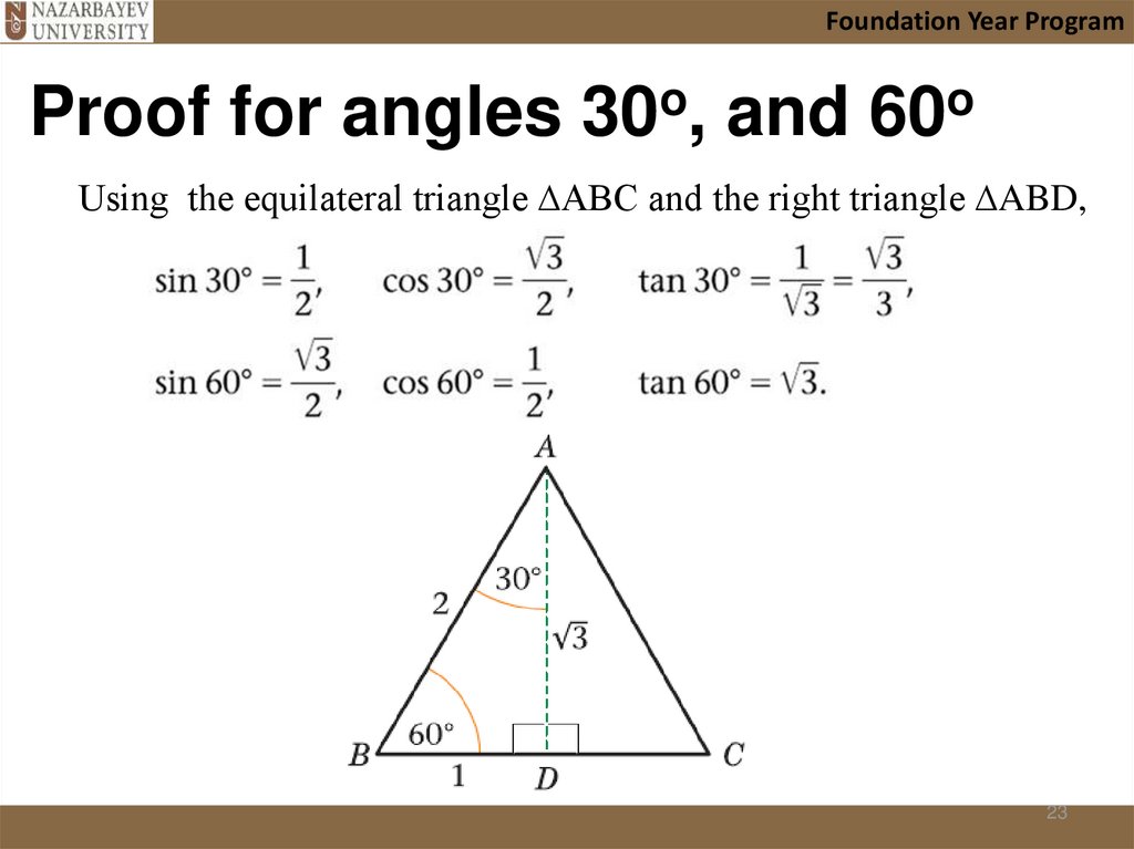 Proof for angles 30o, and 60o