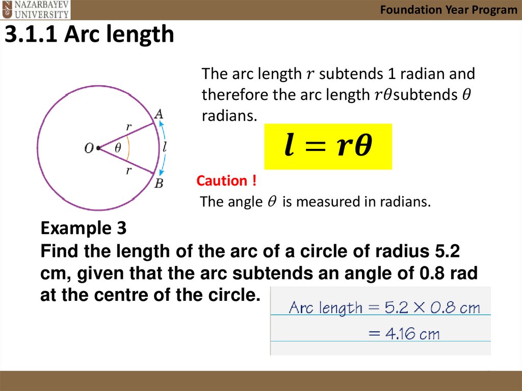 Example 3 Find the length of the arc of a circle of radius 5.2 cm, given that the arc subtends an angle of 0.8 rad at the