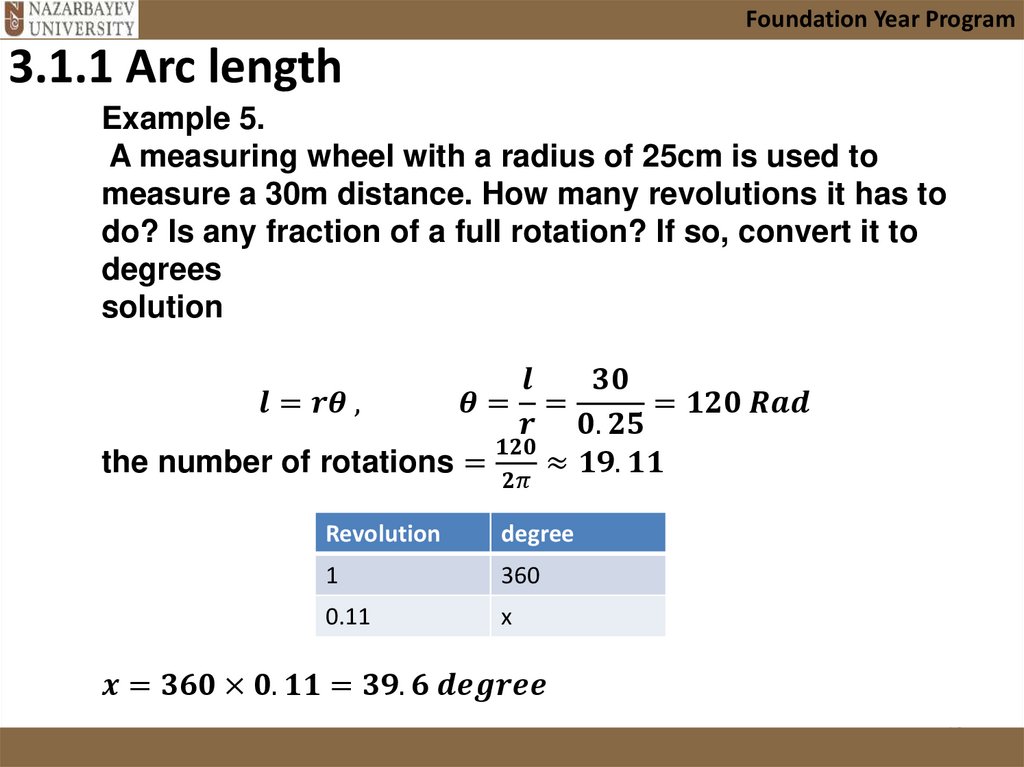 Example 5. A measuring wheel with a radius of 25cm is used to measure a 30m distance. How many revolutions it has to do? Is any