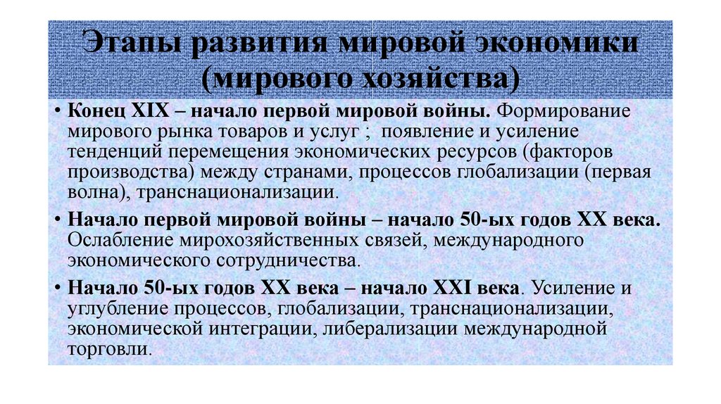 Этапы развития мировой экономики. Этапы развития глобализации. Основные этапы глобализации мировой экономики. Этапы становления мирового хозяйства конец XIX. Циклы развития мировой экономики.