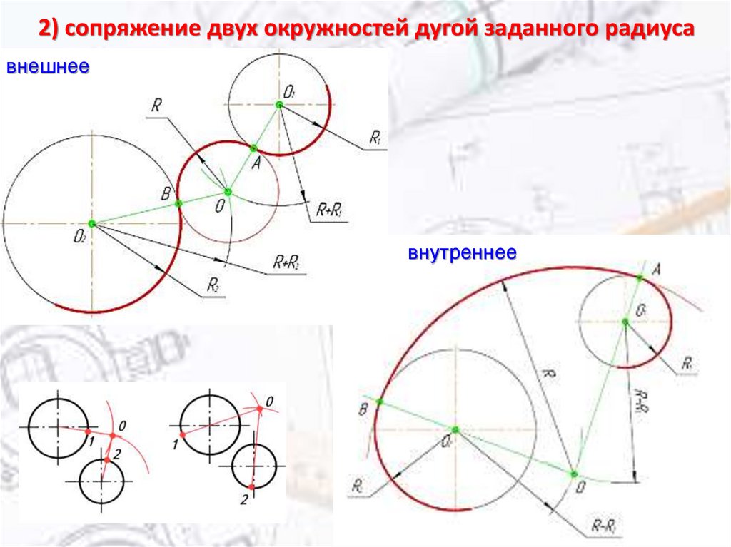 2) сопряжение двух окружностей дугой заданного радиуса