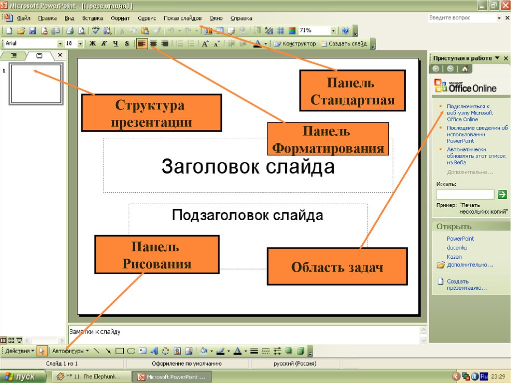 Элементы слайда. Структура окна POWERPOINT. Структура программы POWERPOINT. Структура окна программы POWERPOINT. Структура слайда в POWERPOINT.