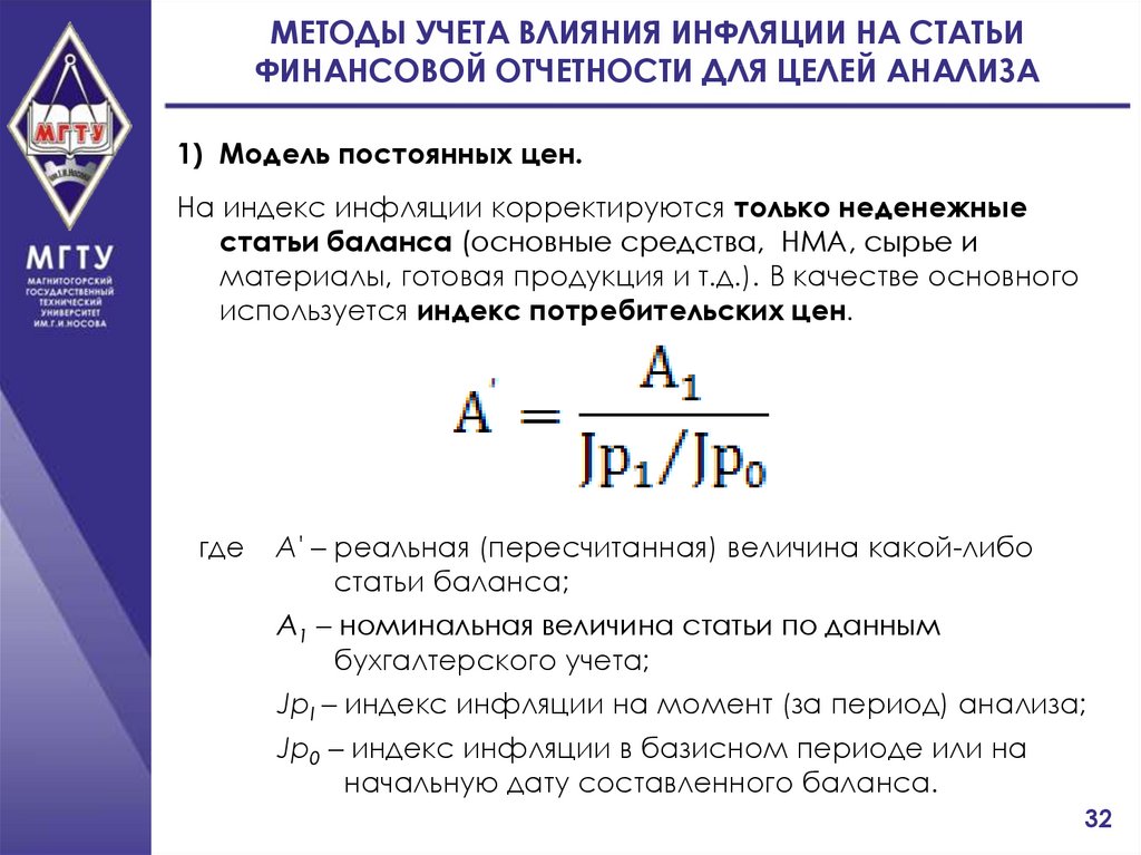 Учитываются ли года. Методика учета инфляции. Влияние инфляции на данные финансовой отчетности.. Влияние инфляции на бухгалтерскую отчетность. Методы анализа инфляции.