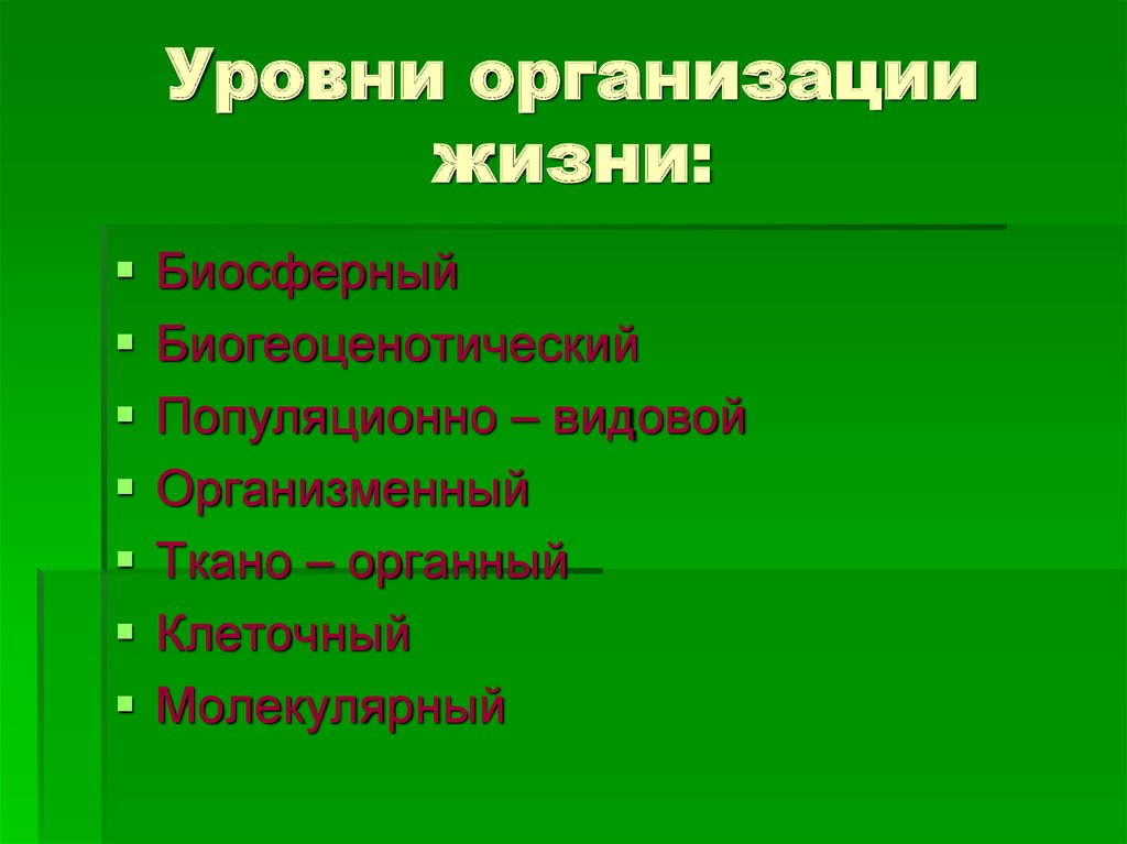 Какие уровни организации жизни экология