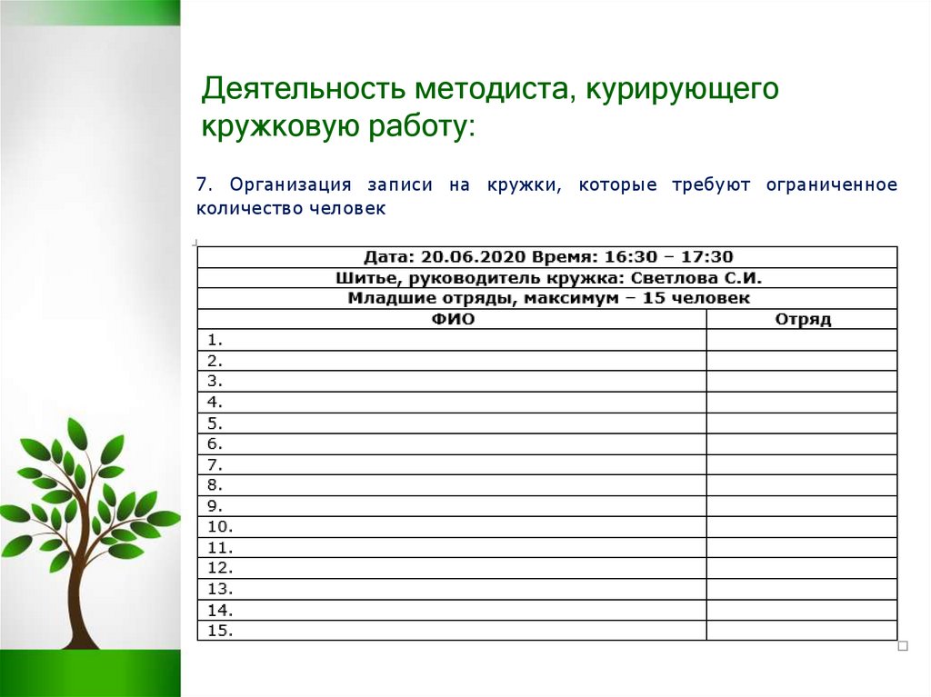 Организация записи. Показатели работы методиста. Оценка работы методиста. Количество детей в группах кружковой работы. Характеристика кружковой деятельности.