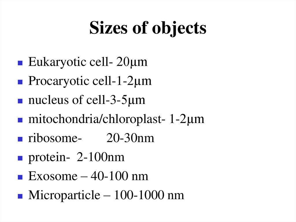 Sizes of objects