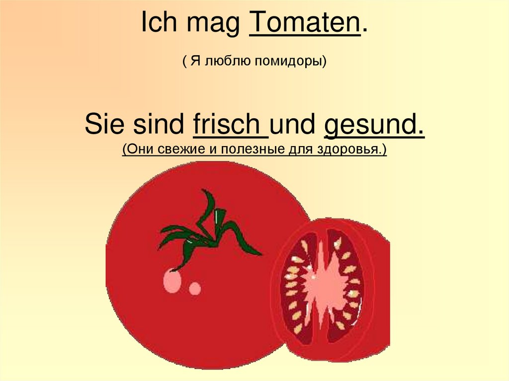Ich mag Tomaten. ( Я люблю помидоры) Sie sind frisch und gesund. (Они свежие и полезные для здоровья.)