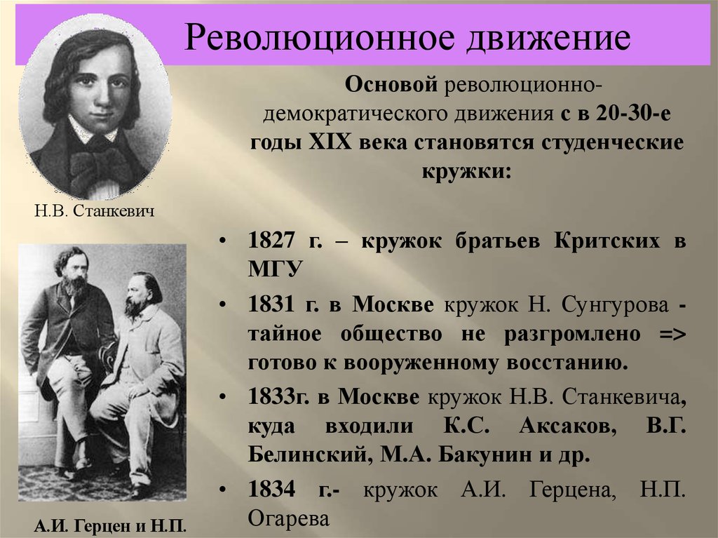 Движение 19. Кружок братьев критских 1826-1827. Кружок Герцена и Огарева и кружок Станкевича. Революционно-демократическое движение. Кружок братьев критских.