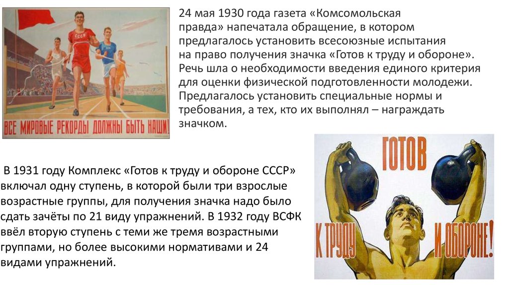 24 мая 1930 года газета «Комсомольская правда» напечатала обращение, в котором предлагалось установить всесоюзные испытания