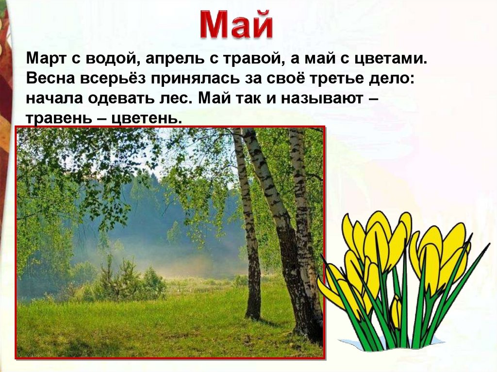 В майе или мае. Май травень Цветень. Март с водой апрель с травой а май с цветами. Май для дошкольников. Март с водой апрель с травой.
