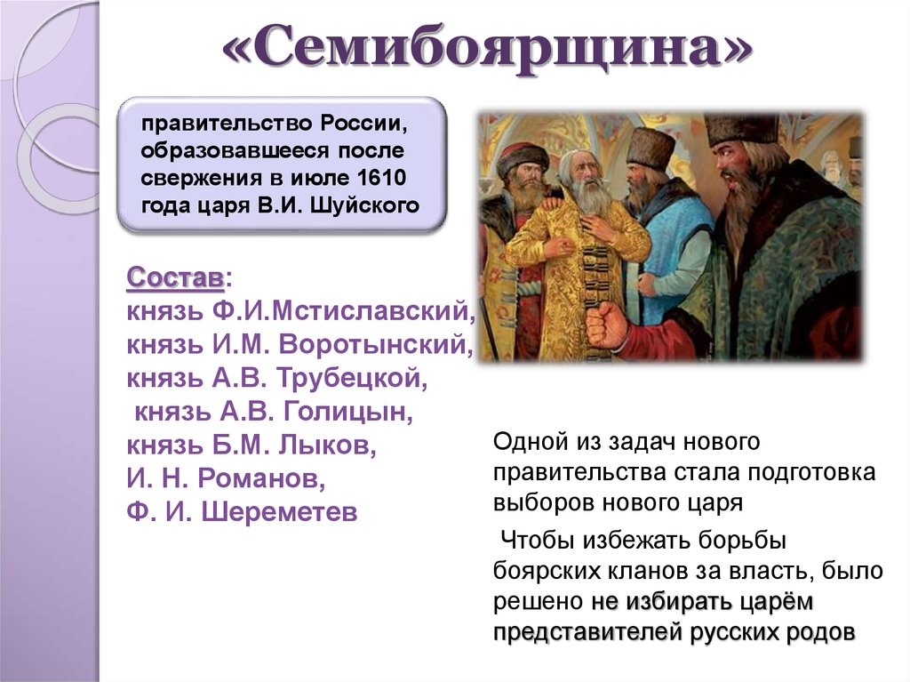 Почему боярство встало на сторону самозванца. Мстиславский Семибоярщина. Семибоярщина Ивана 4. Князь Мстиславский Семибоярщина. Семибоярщина фамилии бояр.