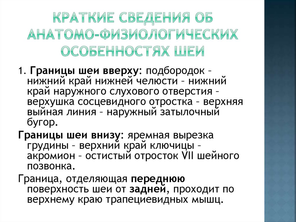 Краткие сведения об анатомо-физиологических особенностях шеи