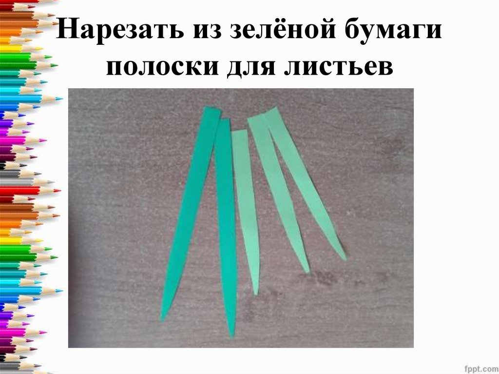 Нарезать из зелёной бумаги полоски для листьев