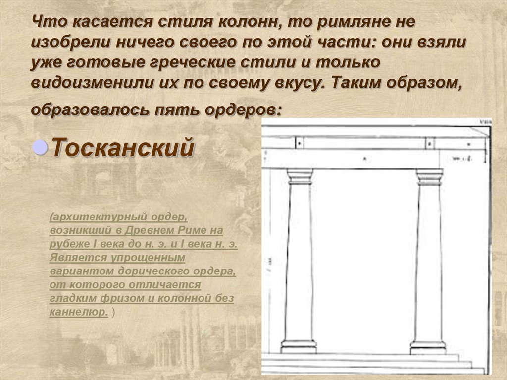 Что касается стиля колонн, то римляне не изобрели ничего своего по этой части: они взяли уже готовые греческие стили и только
