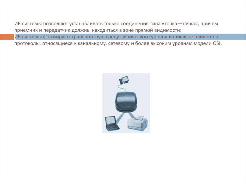 ИК системы позволяют устанавливать только соединения типа «точка—точка», причем приемник и передатчик должны находиться в зоне