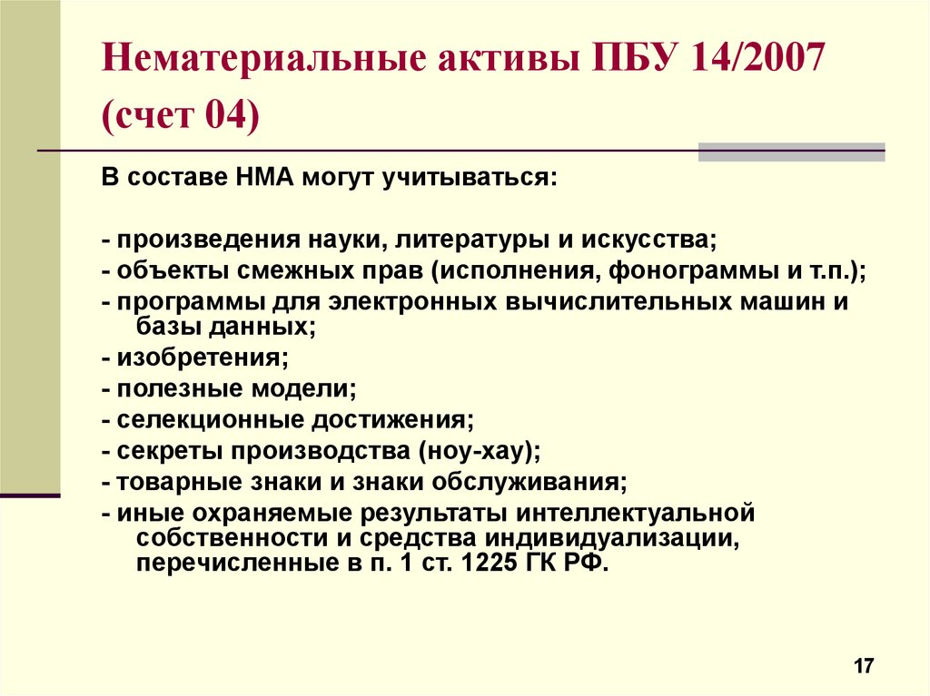 Нематериальные активы ПБУ 14/2007 (счет 04)
