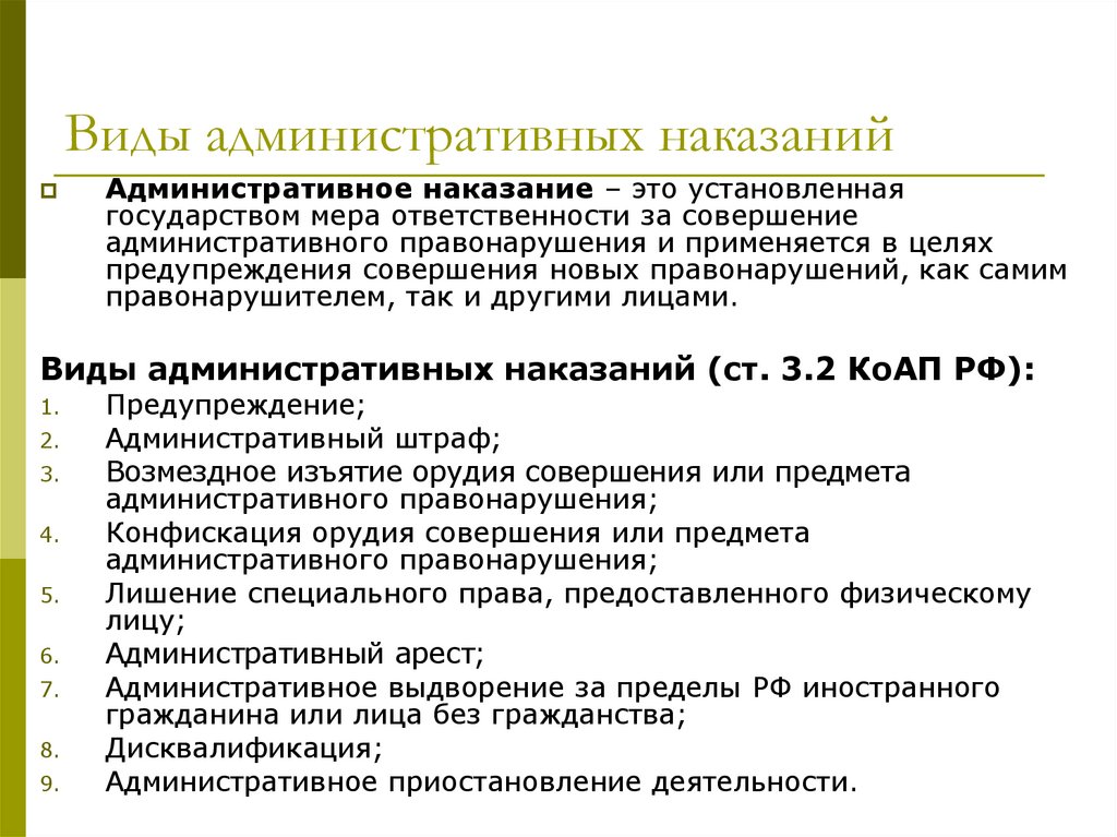 Административное наказание понятие и виды презентация