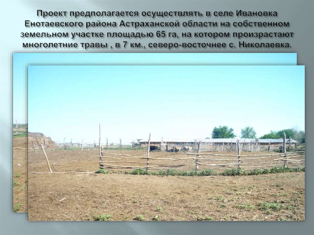 Проект предполагается осуществлять в селе Ивановка Енотаевского района Астраханской области на собственном земельном участке