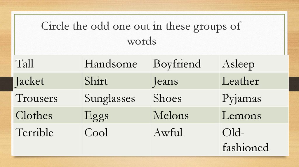 Circle the words. Circle the odd one. Circle the odd Word. Circle the odd Word out 1. Circle the odd one out.