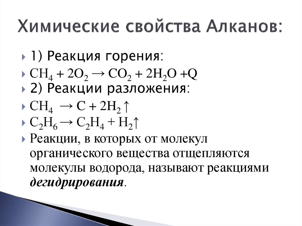 Сжигание метана уравнение. Реакции алканов примеры. Химические свойства алкенов реакции горения. Уравнения реакций, характеризующие свойства алканов. Химические свойства алканов разложение.