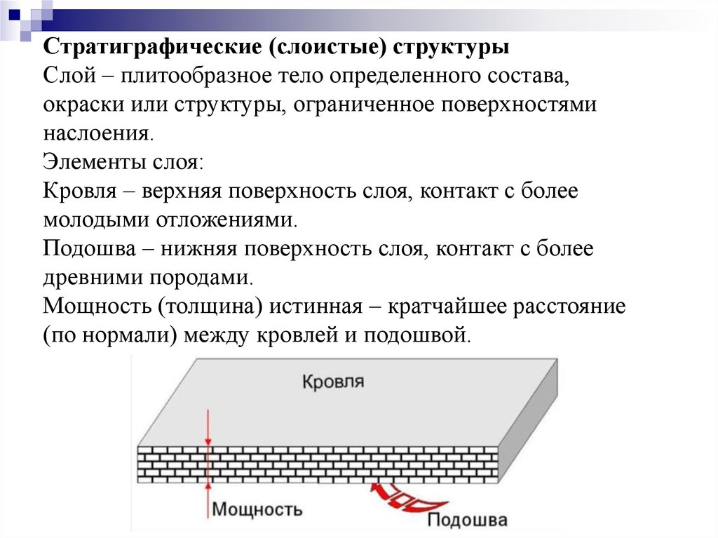 Элементы слоя. Основные элементы слоя. Поверхности наслоения и их строение. Перечислите и покажите элементы слоя.