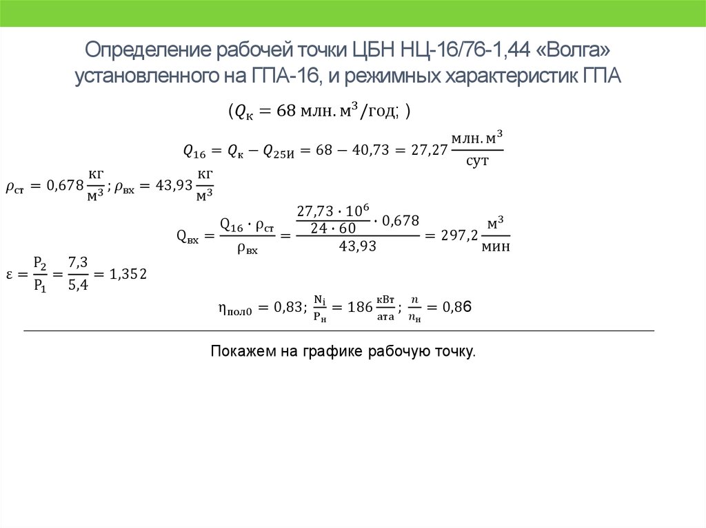 Определение рабочей точки ЦБН НЦ-16/76-1,44 «Волга» установленного на ГПА-16, и режимных характеристик ГПА