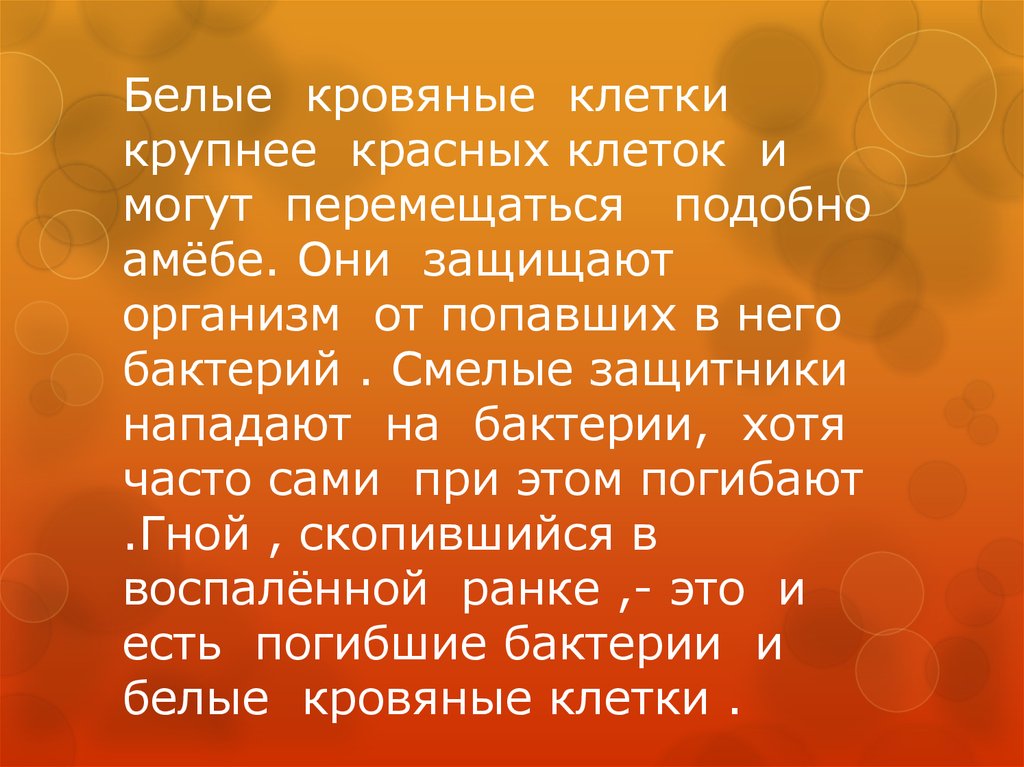 Белые кровяные клетки крупнее красных клеток и могут перемещаться подобно амёбе. Они защищают организм от попавших в него