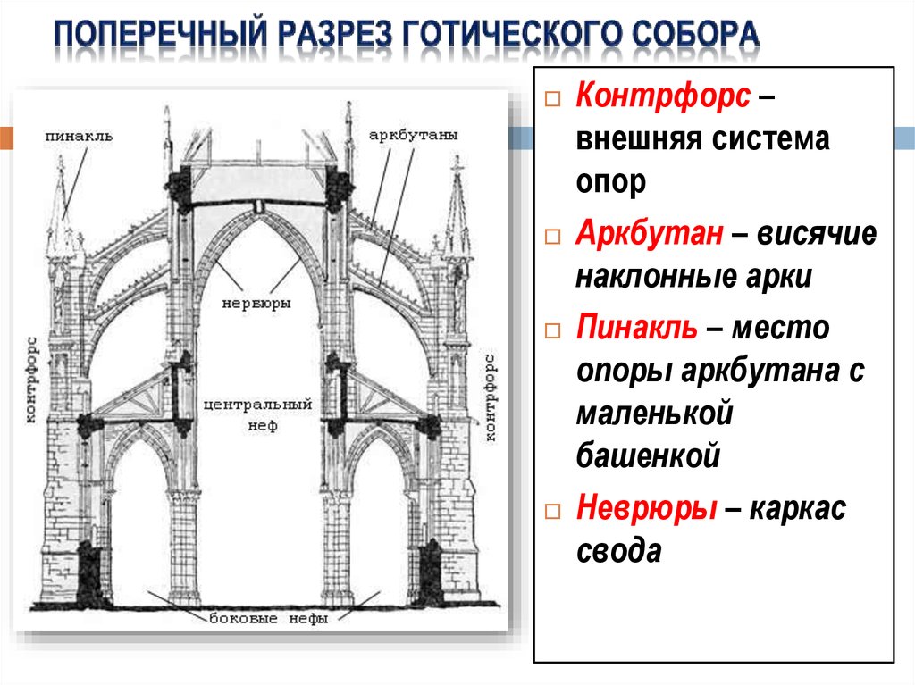 Свод март. Поперечный разрез готического собора. Система контрфорсов и аркбутанов. Стрельчатая арка готического собора.