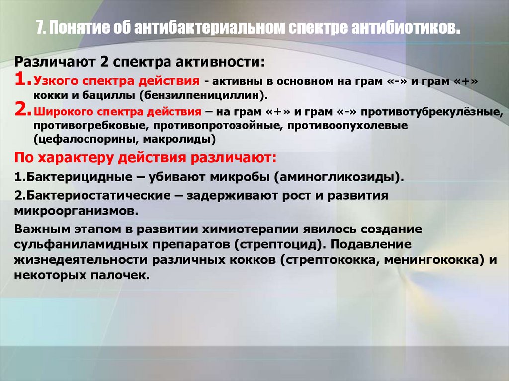 Понятие 7. Понятие об антибактериальном спектре антибиотиков. Понятие о спектре антибактериальной активности антибиотиков. Понятие спектра. Антибактериальный спектр антибиотиков.