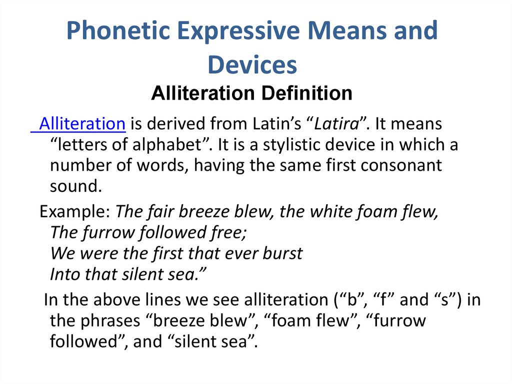 Phonetic Expressive Means and Devices Alliteration Definition