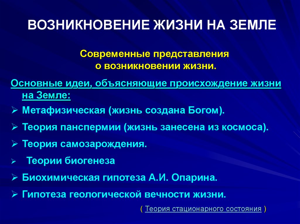 Презентация на тему теории возникновения жизни на земле