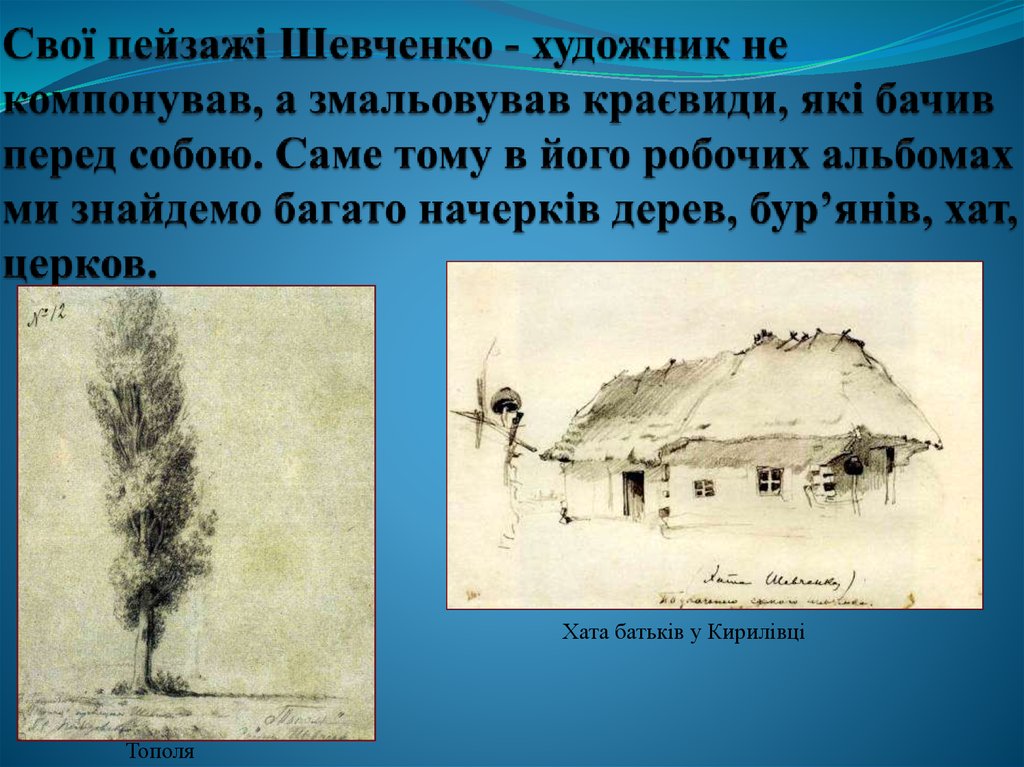 Свої пейзажі Шевченко - художник не компонував, а змальовував краєвиди, які бачив перед собою. Саме тому в його робочих