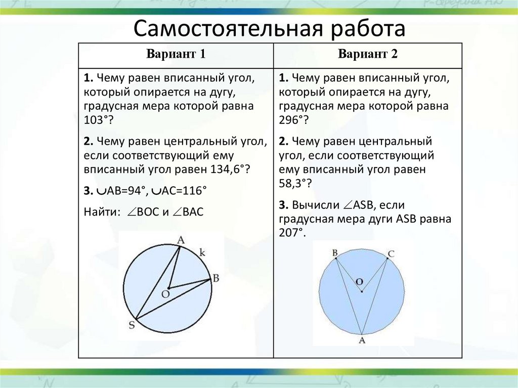 Решение задач по теме центральные и вписанные углы 8 класс презентация атанасян геометрия