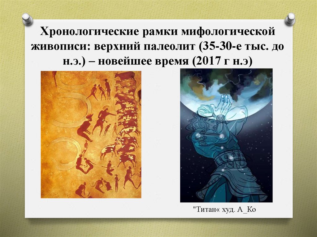 Хронологические рамки мифологической живописи: верхний палеолит (35-30-е тыс. до н.э.) – новейшее время (2017 г н.э)
