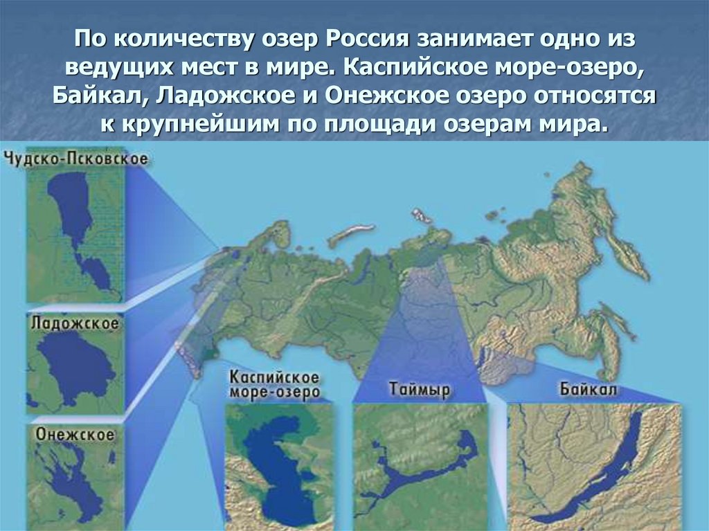По количеству озер Россия занимает одно из ведущих мест в мире. Каспийское море-озеро, Байкал, Ладожское и Онежское озеро