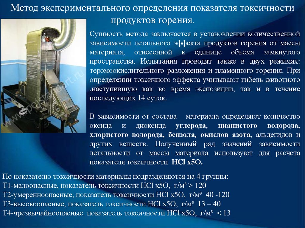 Испытания на токсичность. Показатель токсичности продуктов горения. Сущность экспериментального метода. Методы определения токсичности. Экспериментальные методы определение.