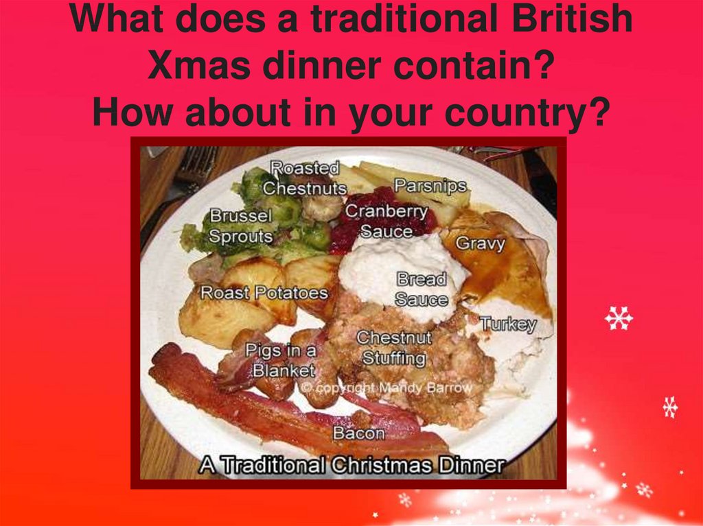 What does a traditional British Xmas dinner contain? How about in your country?