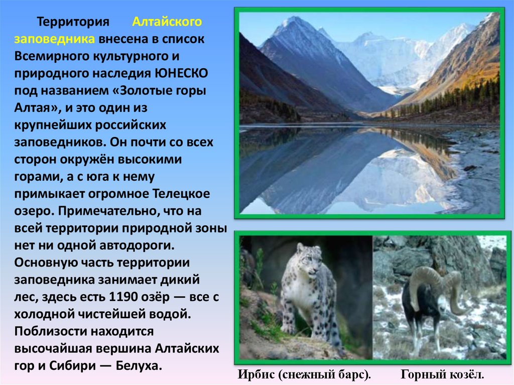 Территория Алтайского заповедника внесена в список Всемирного культурного и природного наследия ЮНЕСКО под названием «Золотые