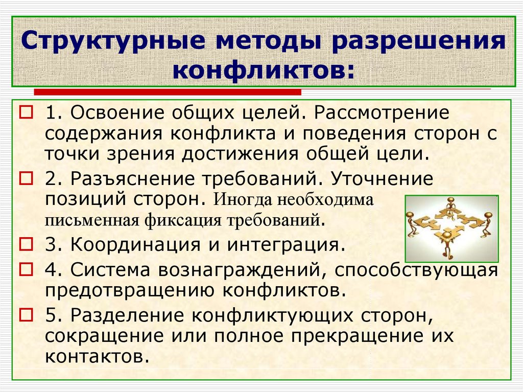 Технология разрешения. Структурные способы разрешения конфликтов. К структурным методам разрешения конфликтов относятся:. Структурные методы решения конфликтов. Структурный метод разрешения конфликта.