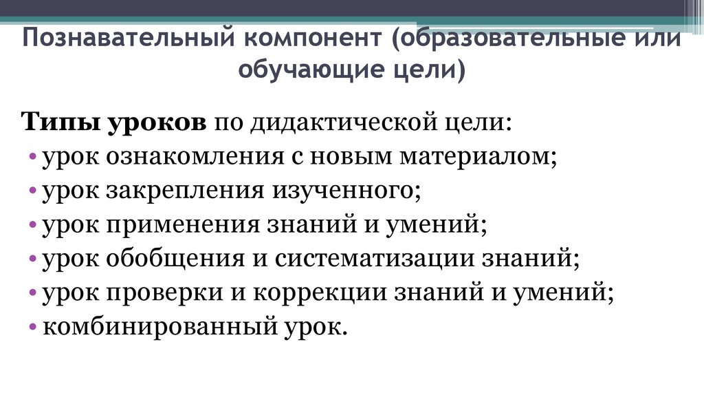 Познавательный компонент. Типы уроков по дидактической цели. Назовите типы уроков по дидактическим целям. Типы уроков географии по дидактическим целям:.