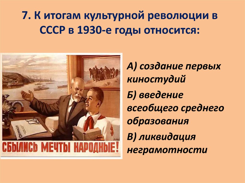 7. К итогам культурной революции в СССР в 1930-е годы относится: