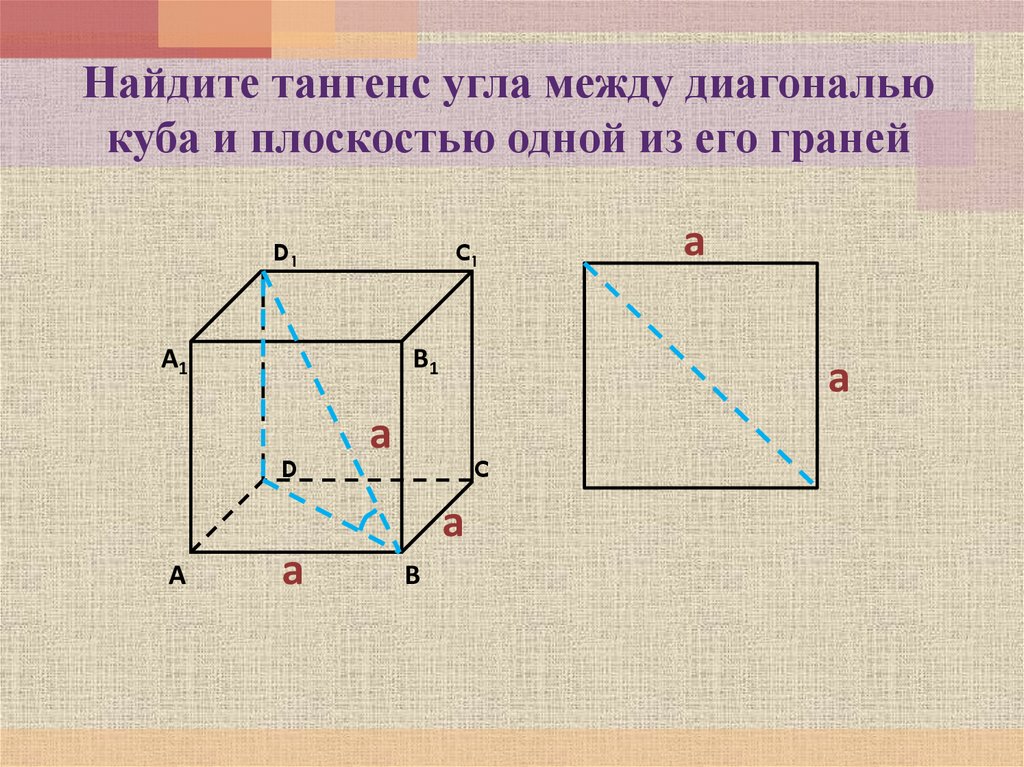 Куб найдите косинус угла между плоскостями. Угол между диагоналями граней Куба. Угол между диагональю Куба и плоскостью 1 из его граней. Куб диагональ грани и диагональ Куба. Угол между диагональю Куба и диагональю грани.