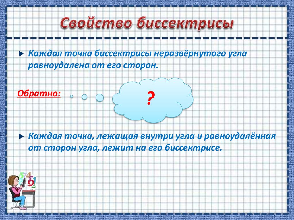 Свойства точки. Каждая точка биссектрисы неразвернутого угла равноудалена от его. Свойство равноудаленных точек. Свойства биссектрисы угла презентация.