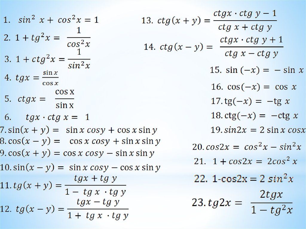 Котангенс альфа плюс котангенс альфа равно. Формулы нахождения TG CTG cos. Основные тригонометрические тождества 10 класс формулы. Формулы тригонометрии TG(X/2). Основные тригонометрические формулы cos.