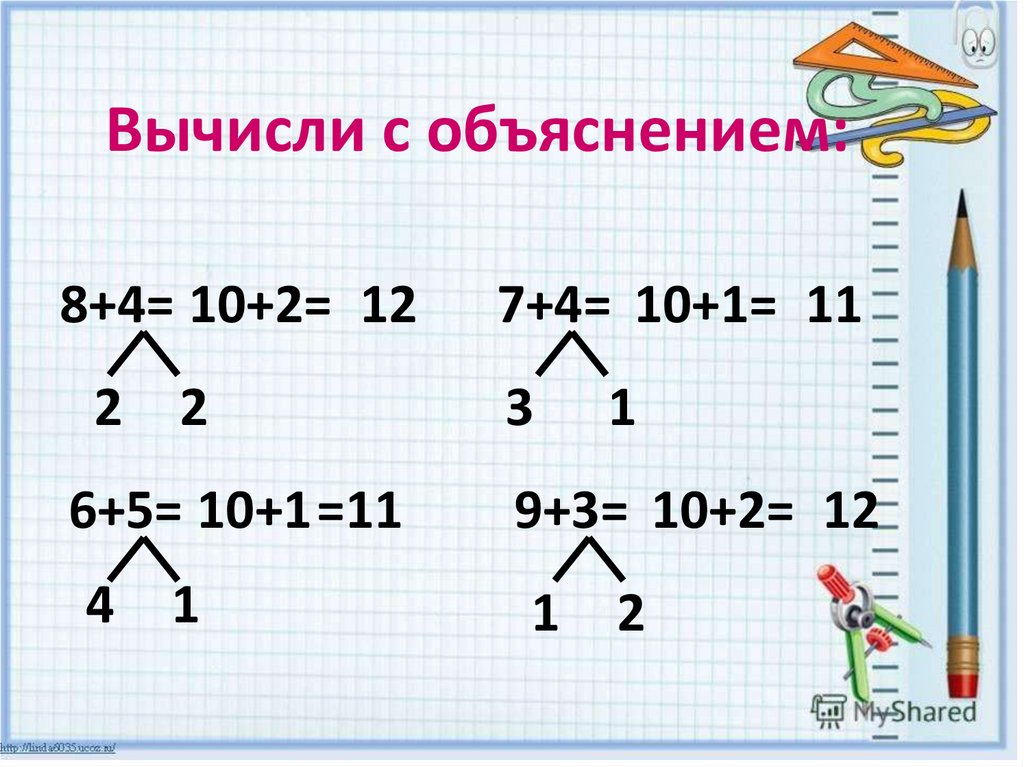 Вычесть 9 3 7. Вычисли с объяснением. Сложение и вычитание чисел с переходом через десяток. Примеры через десяток. Сложение чисел с переходом через десяток.