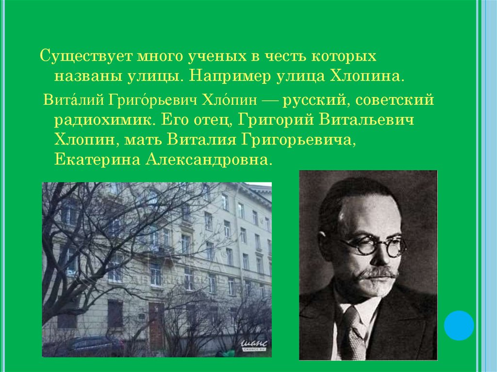 Названы в честь ученых. Григорий Витальевич Хлопин. Хлопин Виталий Григорьевич достижения. Хлопин Николай Григорьевич. Улицы в честь ученых.