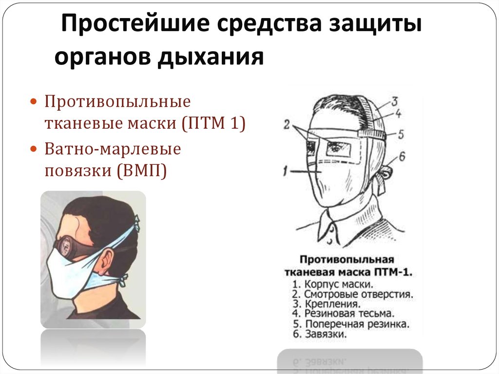 Простейшие средства защиты дыхания. Противопыльные тканевые маски ПТМ-1 И ватно-марлевые повязки ВМП. Противопыльные тканевые маски ПТМ-1.